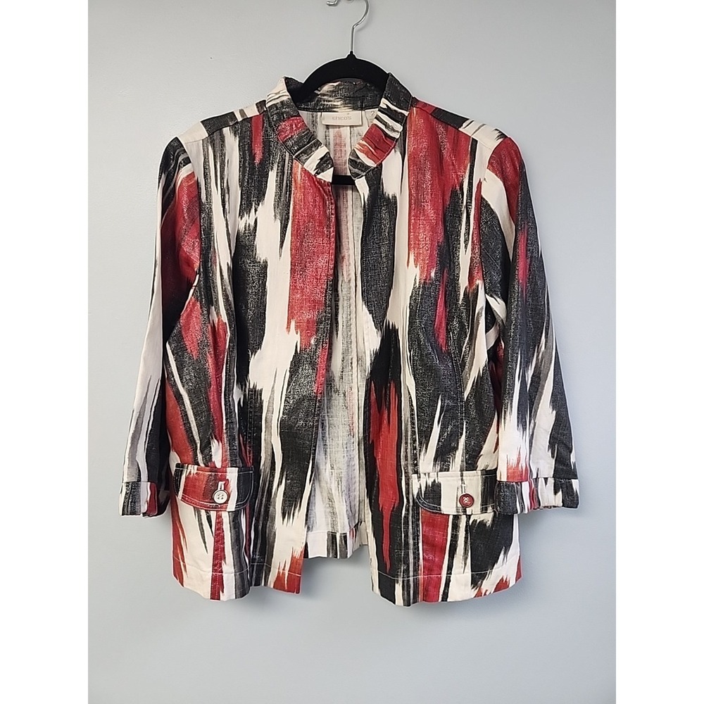 Chicos Allegra Open Jacket Aztec Pattern Size L 2 Linen Blend Silver Shimmer